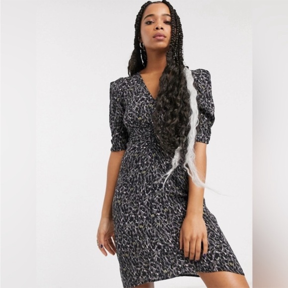 ALLSAINTS Josephine Waterleo Short Sleeve Ruched Leopard Print Mini Dress - Picture 12 of 12